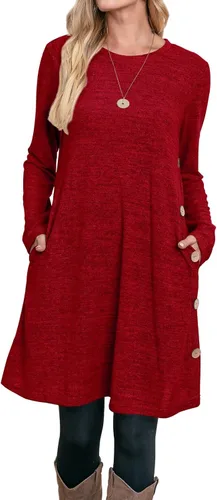Miniatura 3 de OFEEFAN - Vestido de invierno con manga larga, bolsillos y botones laterales para mujer