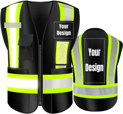 Chaleco de seguridad de alta visibilidad con bolsillos de gran tamaño, personaliza tu logotipo Hi Vis, chaleco de seguridad reflectante Negro