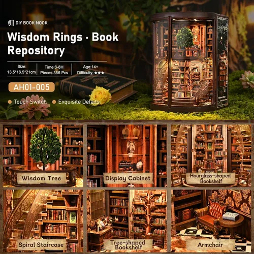 Miniatura 5 de Kit de rincón de libros en miniatura, rompecabezas de madera 3D, decoración de estantería de biblioteca con luces LED, modelo de casa pequeña