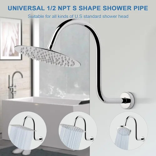 Miniatura 3 de Brazo de ducha en forma de S, tubo de extensión de cabezal de ducha de altura alta, conexión estándar de 1/2 pulgada con brida, impresionante