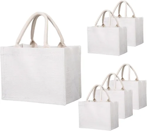 Miniatura 18 de Segarty Bolsas de mano, paquete de 6 bolsas grandes de yute blanco reutilizables de lona para regalos con asas, bolsa en blanco a granel para dama