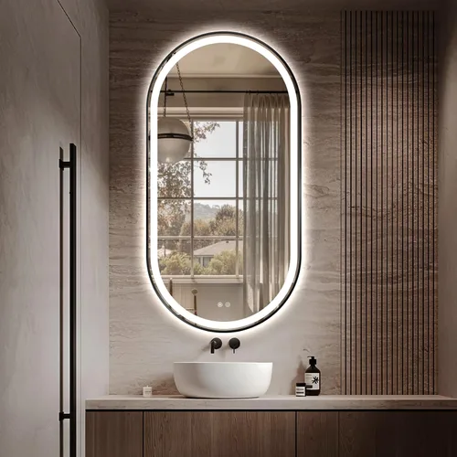 Miniatura 11 de Espejo de baño LED ovalado, espejo retroiluminado de 36 x 24 pulgadas con luz para pared con marco negro, antivaho, regulable, frontal, 3