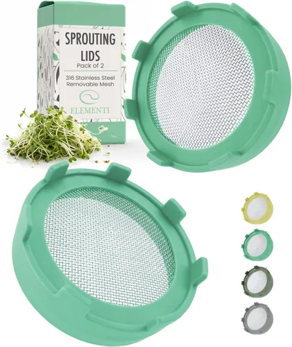 Elementi - Tapas para germinar para tarros de boca ancha (juego de 2), kit de tarro de germinación para brotes orgánicos, kit de cultivo de brotes