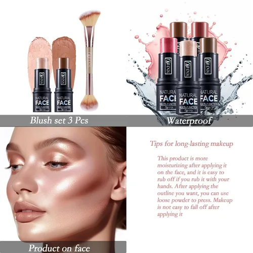 Miniatura 4 de Lápiz de contorno de crema de maquillaje resaltador, fácil de aplicar, bronceador natural y barra de rubor, no grasa e impermeable, para mejillas