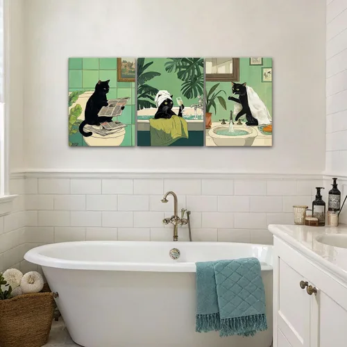 Miniatura 4 de Arte de Pared de Lienzo de Gato Negro Divertido para Baño, Lindo Estampado de Animales para Cuarto de Baño Inodoro Leyendo Periódico Humor