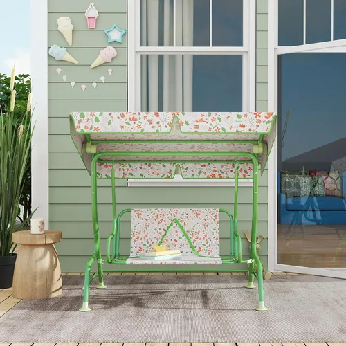 Miniatura 8 de Qaba Columpio de patio para niños, 2 plazas para porche al aire libre con toldo ajustable, cinturón de seguridad, banco colgante con patrón de zorro