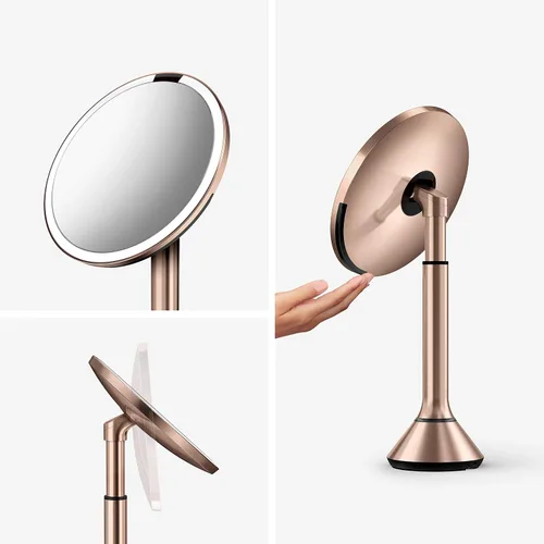 Miniatura 2 de simplehuman Espejo con sensor, espejo de maquillaje iluminado con aumento (5X), espejo redondo de 8 pulgadas con lupa con luces, inalámbrico, acero