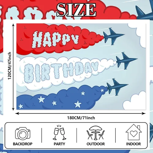 Miniatura 2 de Cartel de feliz cumpleaños de avión, telón de fondo de tiempo vuela cielo, nube arriba y lejos, decoración temática para aviador, niños, niñas