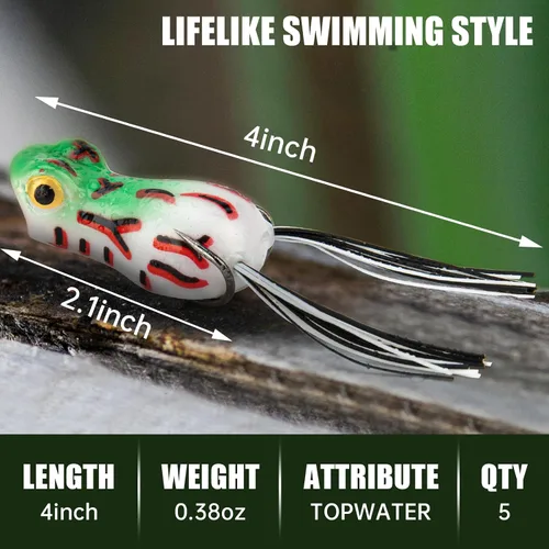 Miniatura 3 de Syosisny Juego de 5 señuelos de rana Topwater con ganchos sin hierbas, señuelos de pesca suaves con diseño realista, perfecto para pesca de lubina
