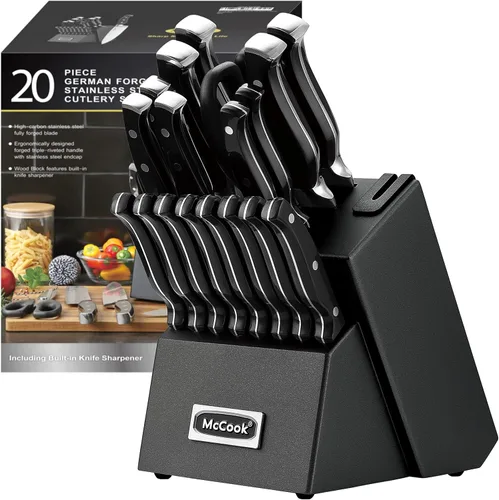 McCook® Juego de cuchillos negros, juego de cuchillos de cocina forjados de acero inoxidable alemán con afilador de cuchillos integrado Negro/Negro