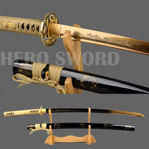 Miniatura 4 de Espada samurái japonesa hecha a mano con hoja de oro, grabado a mano, Katana de dragón dorado, espiga completa, afilada, puede cortar árboles