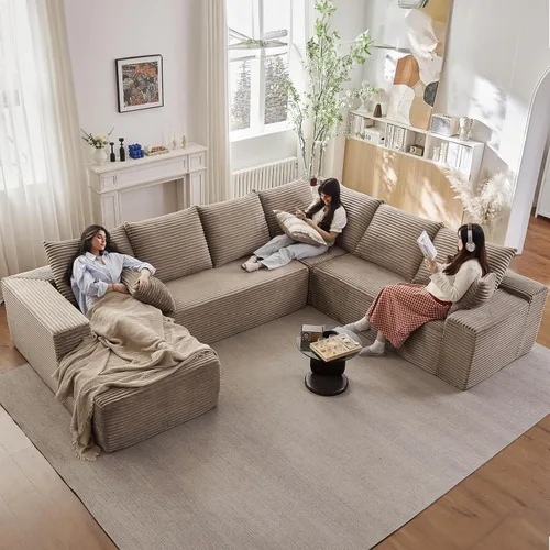 Miniatura 56 de Sofá modular de 95 pulgadas con otomana, moderno sofá nube de pana con asiento profundo, sofá sin hueso tapizado de 3 plazas en forma de U para sala