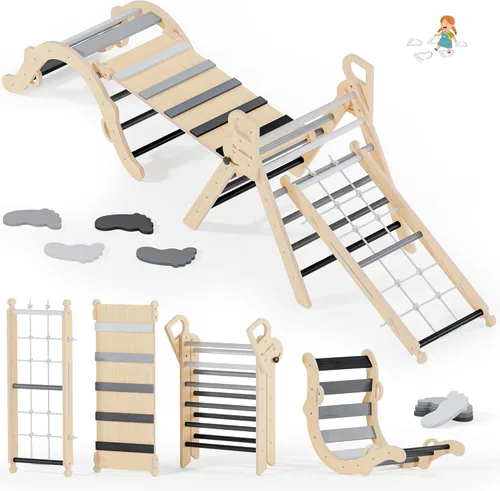 BlueWood Juego de Triángulo Pikler 10 en 1, Juguetes de Escalada para Niños Pequeños de Interior, Escalador Montessori, Gimnasios de Selva para