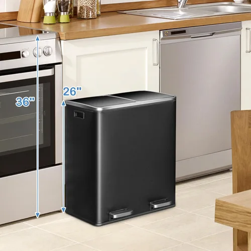 Miniatura 2 de Goplus Basurero doble de 60 litros (2 x 30 L)/16 galones de acero inoxidable, cubo de basura rectangular con cubos interiores y tapas con bisagras