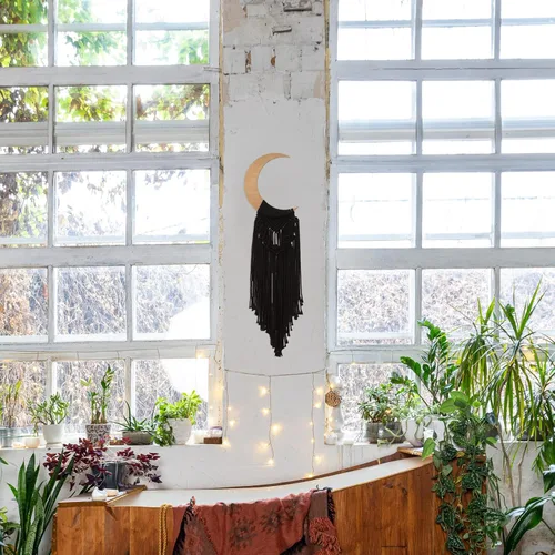 Miniatura 4 de ANROYE Macramé para colgar en la pared, decoración de luna bohemia, adorno de madera de media luna bohemia con borla larga, tapiz de madera único