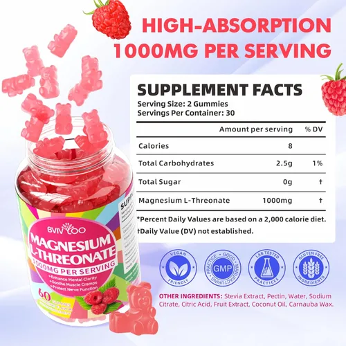 Miniatura 2 de Gomitas de magnesio L-treonato de 1000 mg para adultos, apoyo muscular y del sistema nervioso, vegano, sabor a frambuesa sin azúcar, 60 gomitas