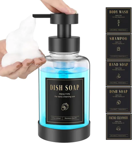 Luxspire Dispensador de jabón espumoso, dispensador de jabón con bomba de espuma de vidrio, dispensador de jabón de manos antideslizante con 5