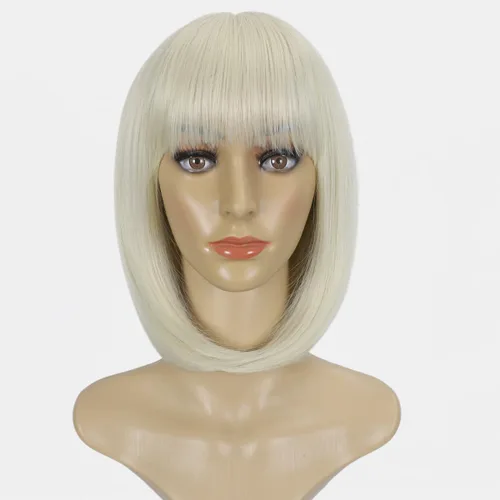 Pelucas rubias estilo Bob con flequillo, pelucas cortas rubias platino para mujer, longitud al hombro, pelo sintético realista, pelucas rubias