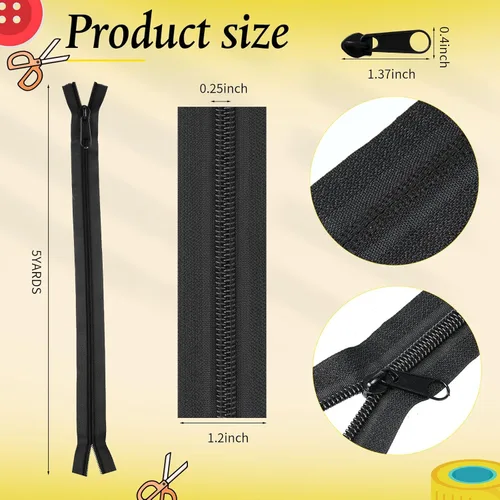 Miniatura 2 de WILLBOND 100 yardas, 20 unidades de cremalleras de costura a granel #5 cremalleras de bobina de nailon negro para coser con 200 deslizadores