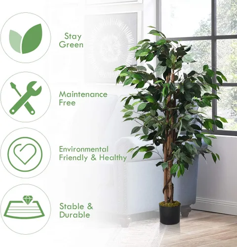 Miniatura 6 de Goplus Árbol de seda artificial de ficus de 4 pies, árbol falso en maceta con hojas verdes y tronco natural, sin mantenimiento, planta sintética