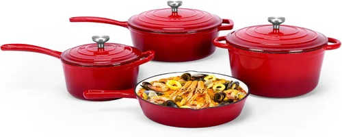 Miniatura 15 de QuliMetal Juego de utensilios de cocina de hierro fundido esmaltado antiadherente, sartén - juego de 7 piezas de ollas y sartenes con tapa, olla