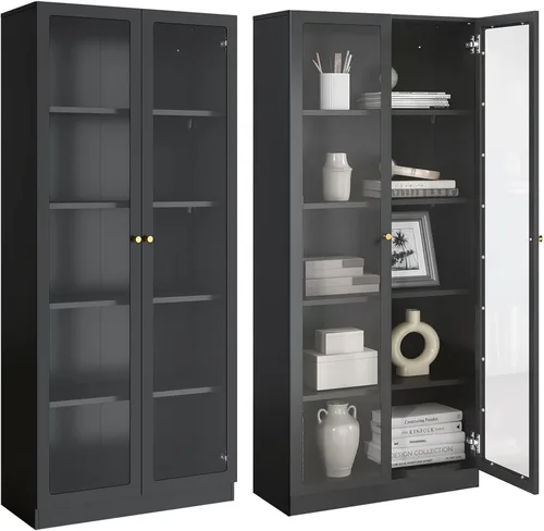 Miniatura 12 de IRONMIX - Vitrina de exhibición moderna con puertas, gabinete curio de metal con estantes, vitrinas de 180 cm de alto para coleccionables