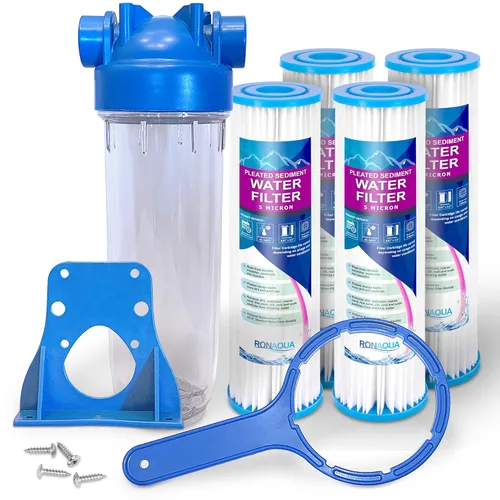 Sistema de filtro de agua estándar transparente de 10 pulgadas para toda la casa con válvula de alivio de prensatelas, puerto de latón de