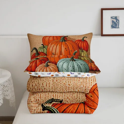 Miniatura 5 de Juego de edredón de calabaza para niños, edredón acolchado de calabazas de dibujos animados, tamaño individual, juego de ropa de cama a cuadros