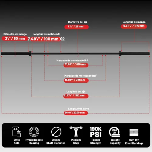 Miniatura 2 de PAPABABE 7FT Olympic Barbell 45 lb Barbell 2 INCH 1000lbs/1500lbs Capacity Olympic Bar with Moderate Knurling For Squats Curls Deadlifts