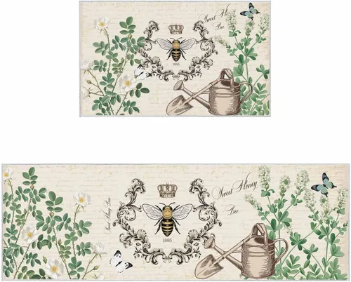 T&H XHome Juego de 2 alfombras de cocina, diseño vintage de abejas de miel, girasol, antideslizantes, parte trasera de goma, tapetes acolchados para