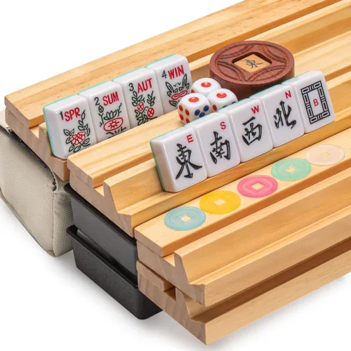 Miniatura 3 de Yellow Mountain Imports American Mahjong Set, Harbor Mint con bolsa de lona beige y azul, 4 estantes todo en uno con empujadores, monedas