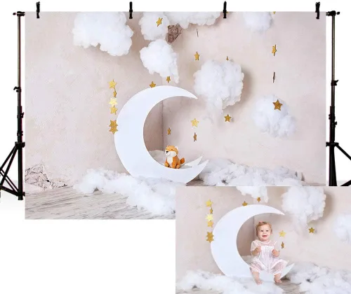 MEHOFOND Telón de fondo de fotografía de luna dorada para niños, pared gris, nube blanca, perro, recién nacido, bebé, sesión de fotos, telón de