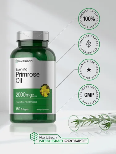 Miniatura 6 de Horbäach Cápsulas blandas de aceite de onagra 2000 mg 150 píldoras Suplemento prensado en frío, sin hexano con GLA Sin OMG, sin gluten