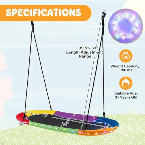 Miniatura 6 de Costzon Columpio de plataforma gigante de 700 libras y 60 pulgadas con luz, cuerdas ajustables para colgar, tela Oxford 600D impermeable, columpio