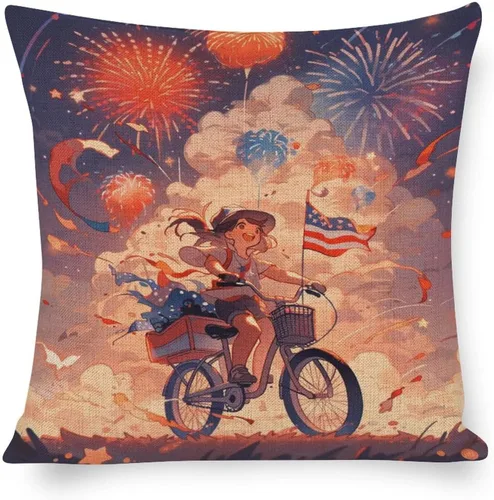 Funda de cojín de lino para decoración del hogar al aire libre, 4 de julio, Día de la Independencia, celebración del 4 de julio, celebración retro