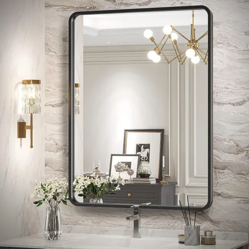 Brightify Espejo de baño negro para pared, espejo rectangular de metal negro de 20 x 28 pulgadas, espejo moderno montado en la pared para baño,