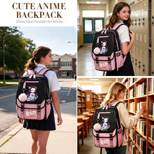 Miniatura 7 de Mochila de anime para niñas con puerto de carga USB 20L, mochila escolar para adolescentes, mochila grande para computadora portátil para viajes uso
