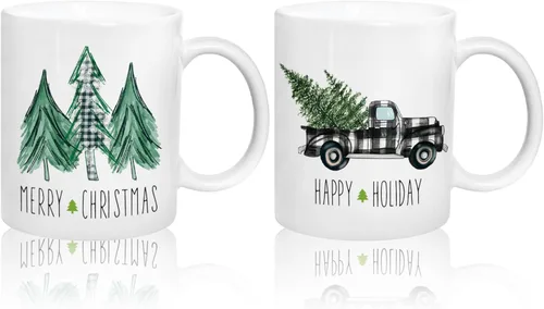 Whaline Juego de 2 tazas de Navidad de 12 onzas con acuarela, a cuadros, árbol de Navidad, camión, taza de café, tazas de cerámica para fiesta, para
