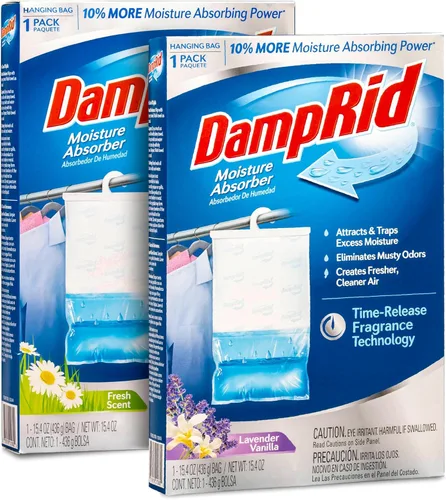 Absorbentes de humedad colgantes Damp Rid - 2 paquetes individuales de 15.4oz (aroma fresco, lavanda y vainilla) - Desodorante para armario,