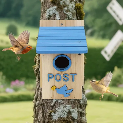 Miniatura 7 de Casas de madera para pájaros para exteriores, buzón de madera azul, casa de pájaros para exteriores, agujero de entrada para pájaros para jardín