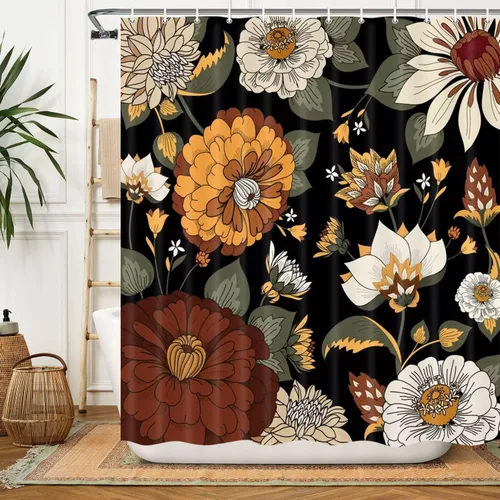 Cortina de ducha vintage con estampado floral y flores botánicas de colores tropicales, cortinas de ducha de tela para baño, juego de cortina de