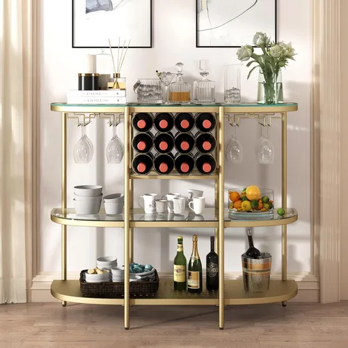 O&K FURNITURE Mesa de bar para el hogar con estantes de vino, mesa de bar de vino de 3 niveles con soportes para vidrio, gabinete de vino con