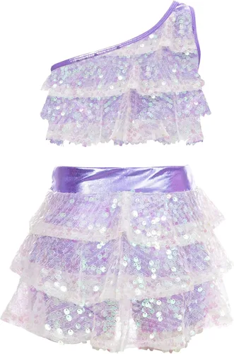 Miniatura 67 de JEATHA Top corto con borlas y lentejuelas brillantes para niñas, con minifalda, jazz latino, salsa, samba, rumba, baile