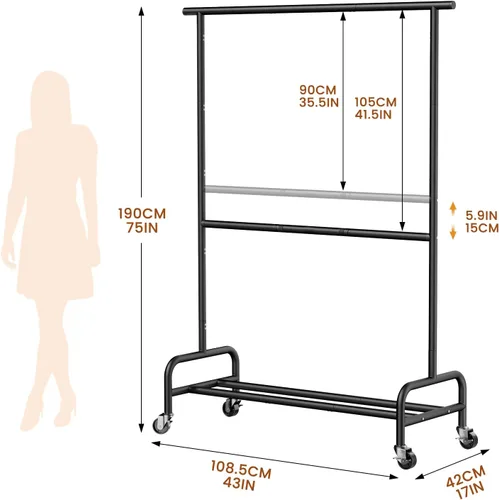 Miniatura 2 de Abiglifty Perchero con ruedas de 2 niveles, perchero resistente con ruedas, capacidad de 150 libras, 43 pulgadas de ancho x 17 pulgadas de Negro