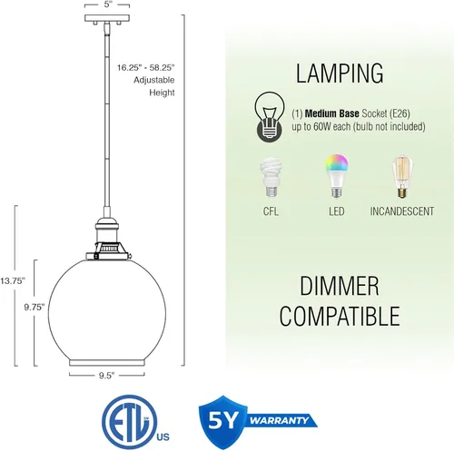 Miniatura 4 de Kira Home Jolie - Lámpara colgante industrial de granja de 14 pulgadas + pantalla de cristal de globo martillado, altura ajustable, acabado de latón