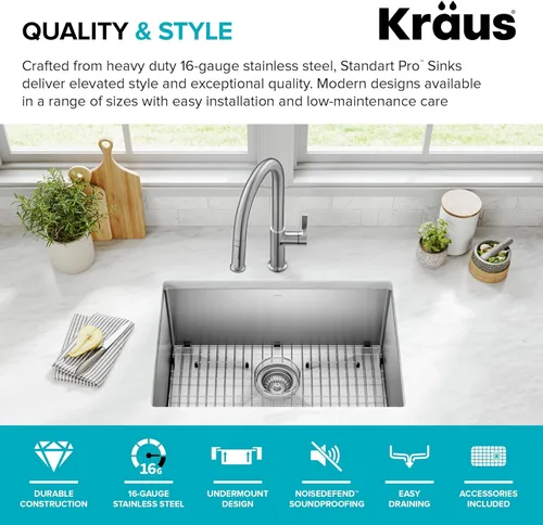 Miniatura 4 de Kraus Standart PRO - Fregadero de cocina empotrado con tazón individual de acero inoxidable, calibre 16, de 26 pulgadas, KHU100-26