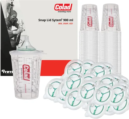 Colad Snap Lid System - Kit de aplicación de pintura en aerosol automotriz que incluye taza de mezcla y tapa con filtro de pintura integrado de 30.4