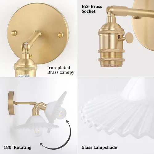 Miniatura 5 de Shenmoyl Apliques de pared vintage con pantalla de cristal de loto blanco de 180 grados, ajustable, de latón, con cable, moderna lámpara de pared