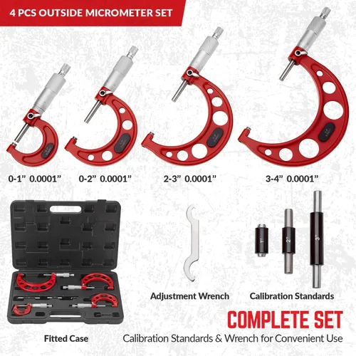 Miniatura 3 de Juego de micrómetros exteriores premium de 0-4 pulgadas/0.0001 pulgadas (0-1"/1-2"/2-3"/3-4") Herramientas de maquinista de precisión con puntas