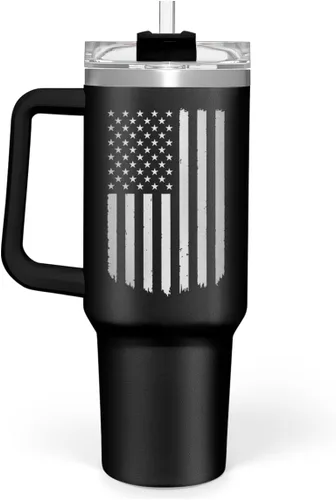 SANDJEST Taza con bandera americana con asa, taza de café de acero inoxidable con aislamiento de 40 oz con tapa y pajita, regalos de América para